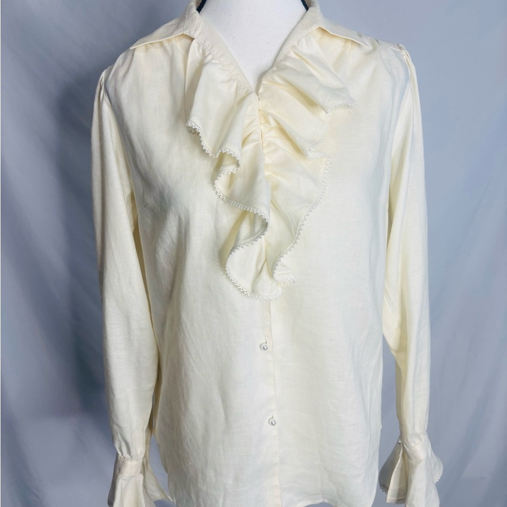 Lauren Ralph Lauren 100% Linen Ruffle Front Pearl Button up Blouse Size tag - Picture 2 of 10